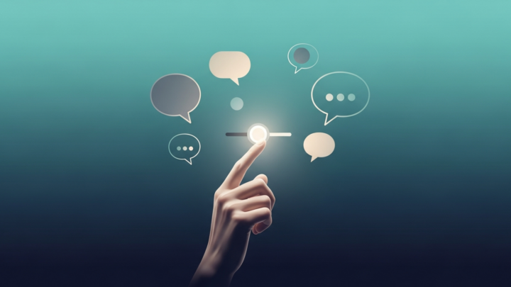A hand adjusting a glowing content-filter dial surrounded by chat speech bubbles