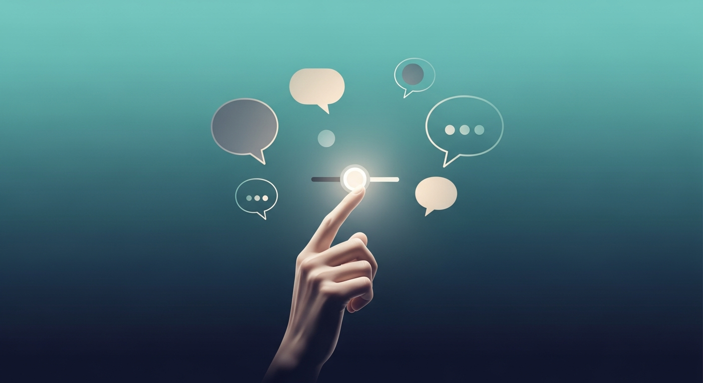 A hand adjusting a glowing content-filter dial surrounded by chat speech bubbles
