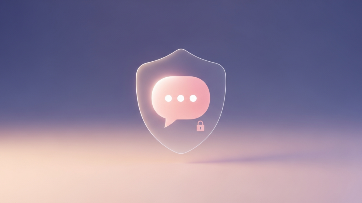 Abstract illustration of a chat bubble protected by a shield and padlock, symbolizing privacy in AI sexting apps