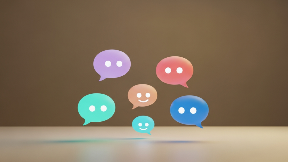 Five glowing pastel speech bubbles floating at different depths, representing different AI roleplay chat apps