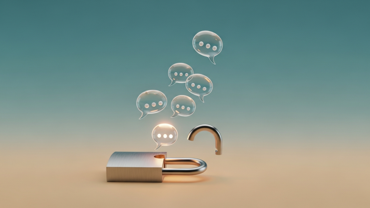 Chat bubbles rising from an open padlock, illustrating genuinely free AI companion apps