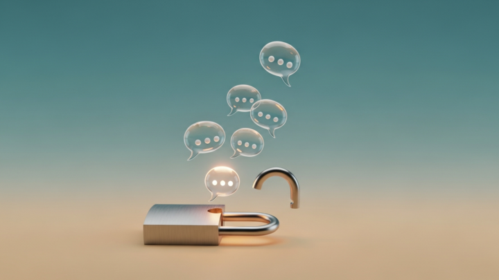 Chat bubbles rising from an open padlock, illustrating genuinely free AI companion apps