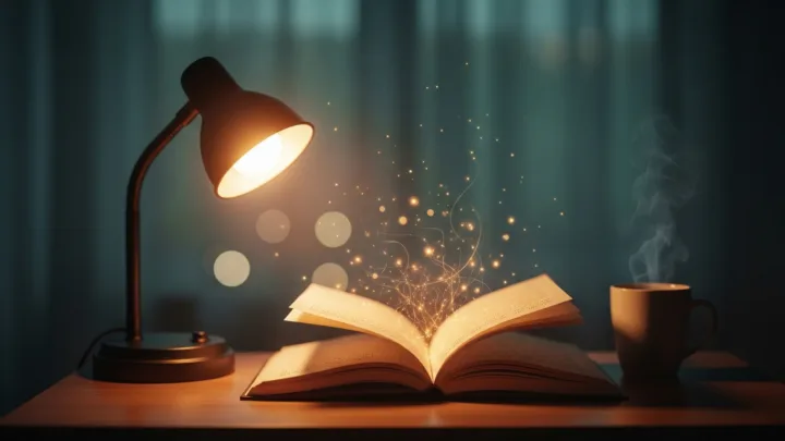 Warm evening desk with a glowing lamp and open journal, evoking remembered moments with an AI companion