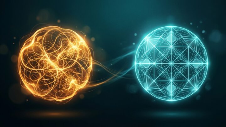 Two glowing conversation orbs facing each other, one warm and tangled, one cool and structured