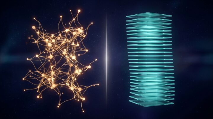 Abstract split illustration: an organic branching amber memory constellation beside an orderly stack of translucent teal glass cards