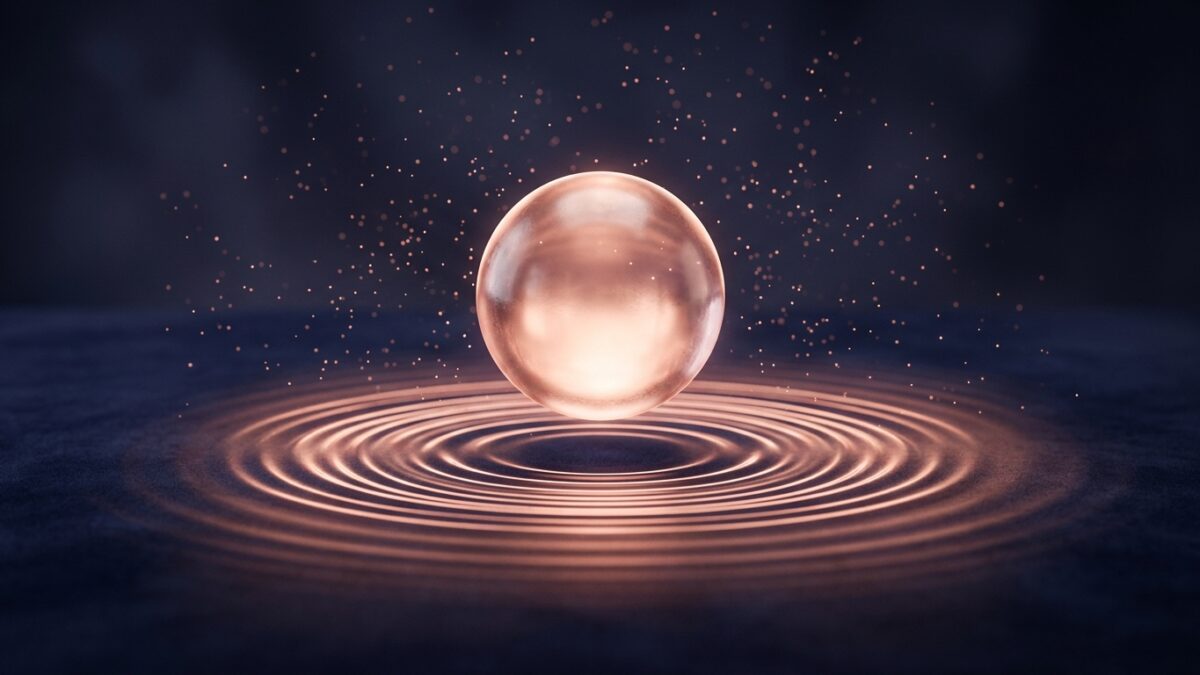 Abstract 3D render of a glowing orb emitting concentric rose-gold sound ripples on a deep indigo background