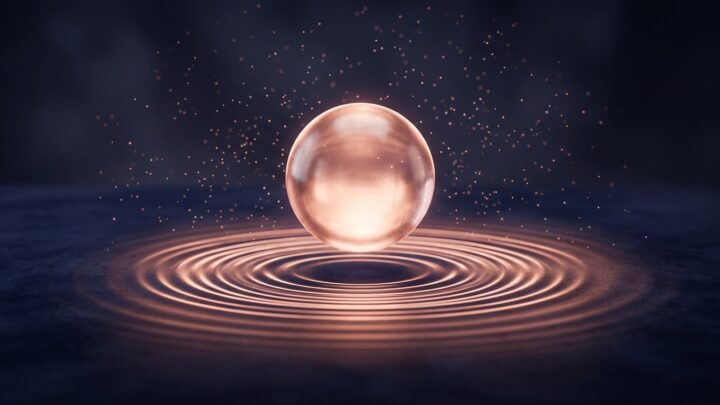 Abstract 3D render of a glowing orb emitting concentric rose-gold sound ripples on a deep indigo background